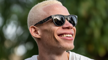 Portrait of a happy young albino man with sunglasses smiling in a park