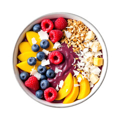 Acai bowl with mango, berries, and nuts.