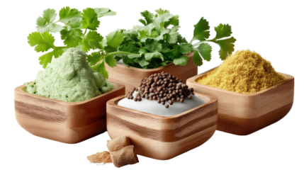 Exotic culinary art: A vibrant and flavorful selection of herbs, spices, and powders beautifully arranged in rustic wooden bowls, ready to tantalize taste buds and enhance culinary creations.