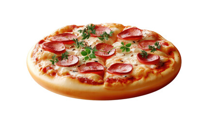 Pepperoni Pizza Delight: A close-up view showcases a freshly baked pizza, featuring savory pepperoni slices, melted cheese, and a sprinkle of herbs. A delectable visual treat!