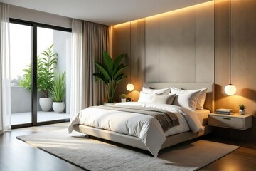 Obraz premium Modern California king-size bedroom, minimalist design, design, lines, geometric