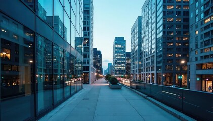 Obraz premium Modern glass facade of a downtown office building reflecting cityscape , urban architecture, building exterior, tower