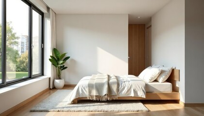Modern minimalist studio apartment interior design, bright and airy space , design, scandi, furniture