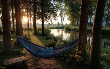 Blue hammock hanging between trees beside river at sunrise in peaceful forest setting with golden light