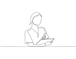 Continuous one line drawing of nurse holding medical report. One line drawing illustration of nurse writing data on the clipboard. International nurse day concept single line. Editable outline