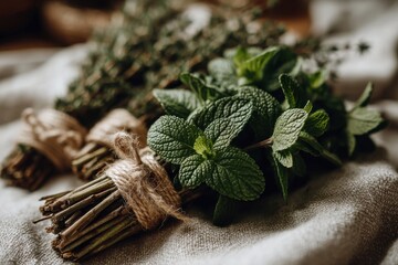 Aromatic bunches of fresh herbs including thyme and mint tied with rustic twine, placed on a natural linen cloth, capturing the essence of culinary freshness.
