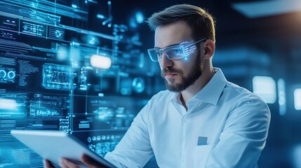 Fototapeta premium Young Professional with Glasses Interacting with Digital Technology