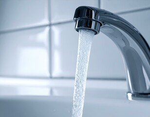 Close-up of a chrome faucet with water flowing.  Clean, modern design. Ideal for water conservation, plumbing, and hygiene themes.