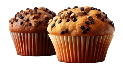Delectable Duo: A close-up showcases two tempting muffins, each a symphony of textures, adorned with an array of chocolate chips and nuts. These treats are captured in all their glory.