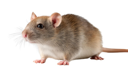 Curious Rat: A close-up portrait of a brown and grey rat, isolated on a white background, its inquisitive eyes looking intently at the camera. Its whiskers twitch.