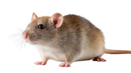 Curious Rat: A close-up portrait of a brown and grey rat, isolated on a white background, its inquisitive eyes looking intently at the camera. Its whiskers twitch.