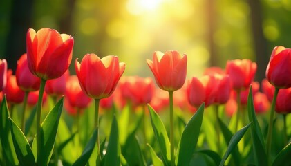 Obraz premium Sunlight dappled on vibrant tulips, lush green grass , growth, bright, garden