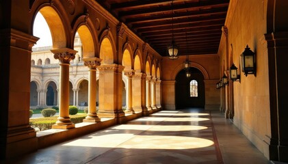 Obraz premium Sunlit Barcelona monastery cloister, ornate details, daylight, calm