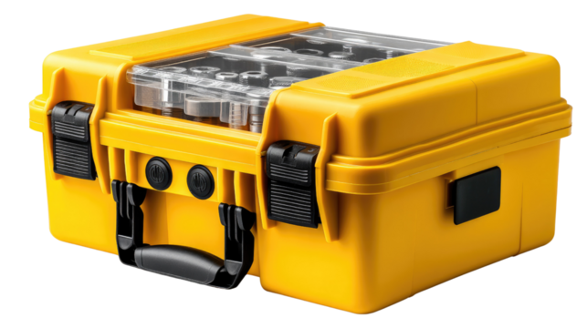 Yellow Plastic Tool Case: A sturdy, bright yellow plastic tool case with a clear lid, multiple compartments, and secure latches. Perfect for storing and transporting delicate equipment.