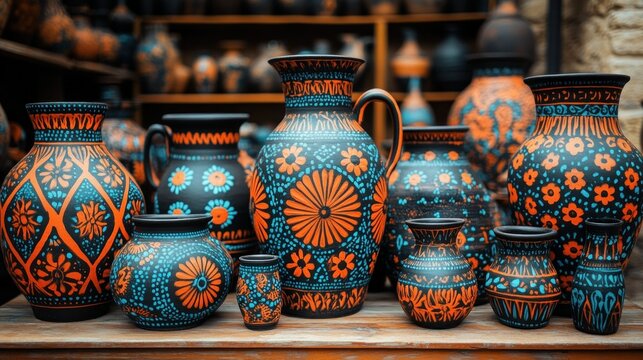Colorful hand-painted pottery display