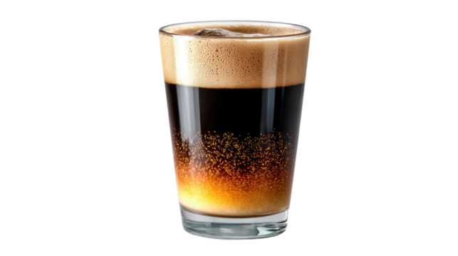 Coffee Beverage Layered in Glass: A close-up shot of a delicious layered coffee drink in a transparent glass, showcasing the artful separation of distinct ingredients, textures, and flavors. 