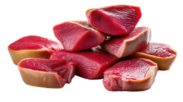 Raw Venison Meat: A close-up shot of raw venison meat, sliced and ready for cooking. The vibrant red color and rich texture of the meat create a mouthwatering visual.