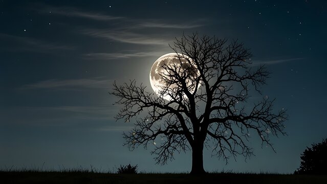 A silhouette of a tree against a bright full moon in a dark blue night sky with scattered stars