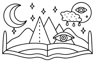 Naklejka premium Line art reveals a mystic landscape with mountains, moon, stars, cloud and eyes