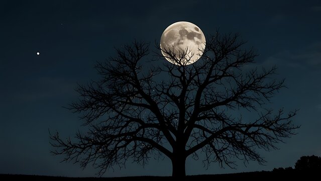 A silhouette of a tree against a full moon in the night sky with a visible bright star above
