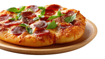 Savory Sensation: A mouthwatering, wood-fired pepperoni pizza, adorned with fresh basil leaves, rests on a rustic wooden plate, inviting a culinary experience.