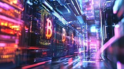 Fototapeta premium Futuristic Blockchain Network with Illuminated Cryptocurrency Symbols