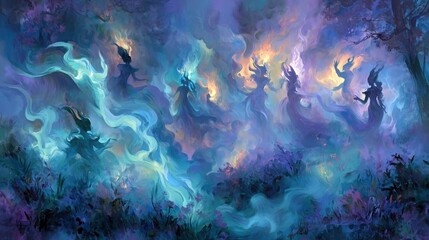 Fototapeta premium Magical wisps dancing in an enchanted forest at night, creating a mesmerizing display of light and shadow, with swirling ethereal mists adding to the mystical atmosphere