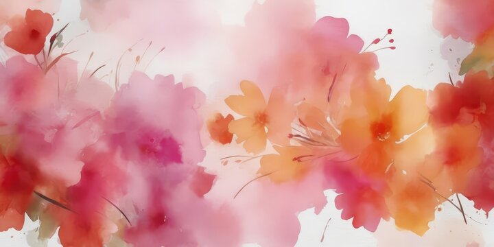 Pintura de acuarela abstracta de flores rosas y rojas sobre fondo blanco, con pinceladas rosas y naranjas que crean un efecto art&iacute;stico