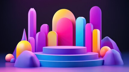 Vibrant 3D Geometric Shapes on a Stage in Neon Colors