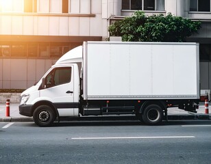 White delivery truck parked on city street.  Blank space for advertisement.
