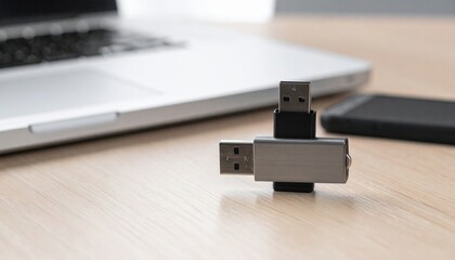 Fototapeta premium Usb Drive on Desk Near Laptop and Phone