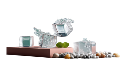 Ice Cubes Abstract Composition: A captivating abstract composition features crystal-clear ice cubes, artistically arranged to evoke a sense of freshness, chill, and refreshing sensation. 