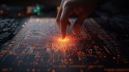 Naklejka premium Close-up of a person's hand touching a glowing circuit board with illuminated microchips and electronic components