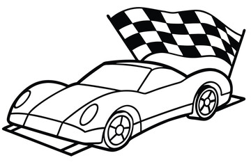 Line art shows a race car with a checkered flag behind it on white
