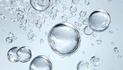 Transparent bubbles of various sizes floating in clear water against a light background.