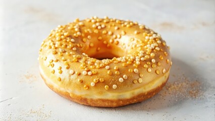 A single, glazed donut with golden sprinkles, showcasing its light brown dough and sweet, sugary coating.
