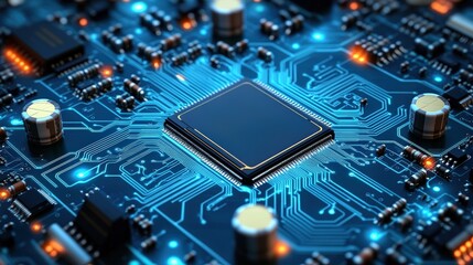 Fototapeta premium Close-up of a modern computer motherboard with integrated circuit chip and electronic components