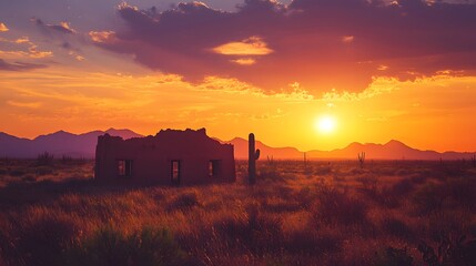 Abandoned Building at Sunset in Desert Landscape with Mountains