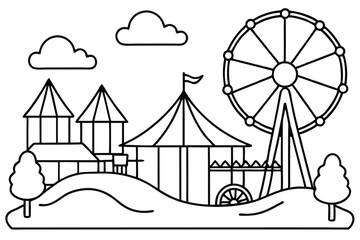 Linear outline shows a charming amusement park with tents and a Ferris wheel