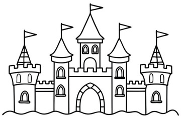 Fototapeta premium Majestic fairy tale castle stands tall with flags waving, depicted in a black outline