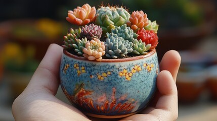 Colorful Succulent Arrangement in Hand with Vibrant Planter