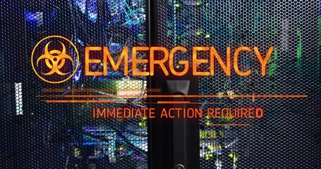 3D render showing server cabinet mesh panel with biohazard warning, emergency text, cables, LEDs - Powered by Adobe