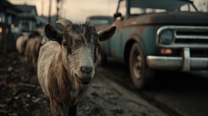 Fototapeta premium Goat and truck scene