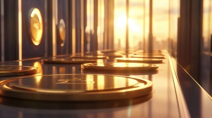 Obraz premium Golden Coins on Table with Sunset View through Large Windows