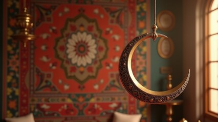 Islamic Crescent Ornament with Tapestry Background for Home Decor