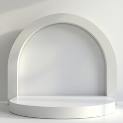 Minimalist white podium with archway background in studio setting, product display, clean aesthetic, geometric, modern