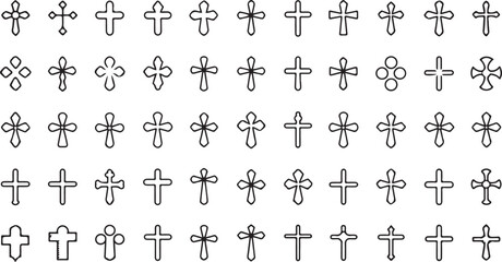 Modern christian cross icon collection vector illustration presenting contemporary styles perfect for youth ministry materials, church branding, and inspirational graphics