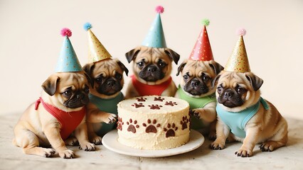Pug puppies dressed up at an outdoor garden party