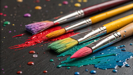 Fototapeta premium The vibrant spectrum of paint colors on a row of brushes creates colorful strokes on a dark background, symbolizing artistic expression and creativity.