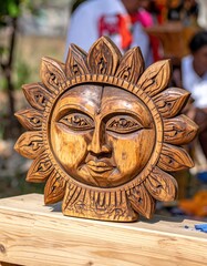 Obraz premium Wooden sun sculpture shines during a joyful summer solstice celebration filled with life.